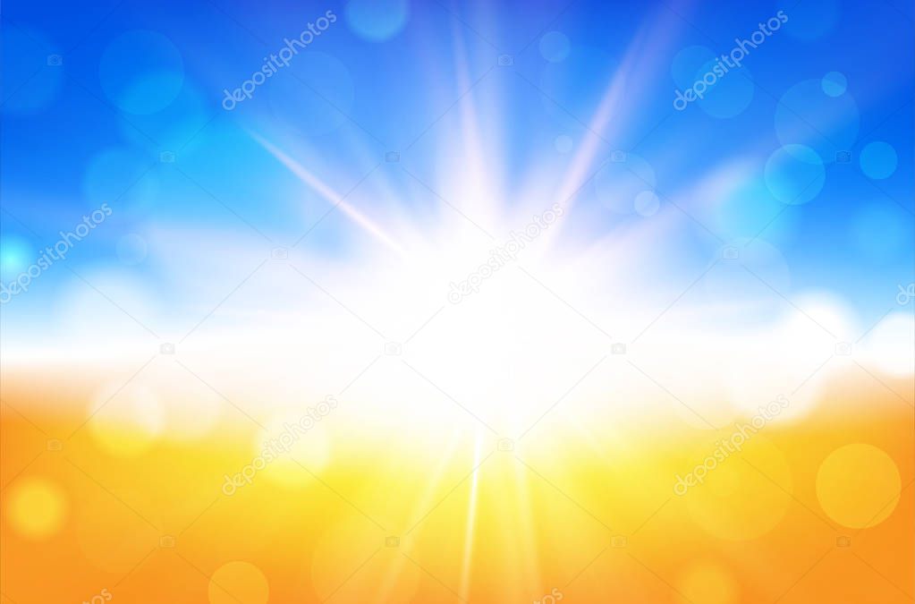 Abstract summer background with sun beams and blurred bokeh - vector illustration
