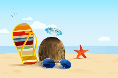 Natürmort flip, Hindistan cevizi kokteyl, güneş gözlüğü ve denizyıldızı bulutlar ve - vektör çizim ile mavi gökyüzü altında yaz sahilde