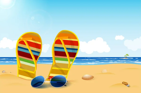 Summer Sand Sea Beach Flips Sunglasses Shells Rocks Blue Sky — Stock Vector