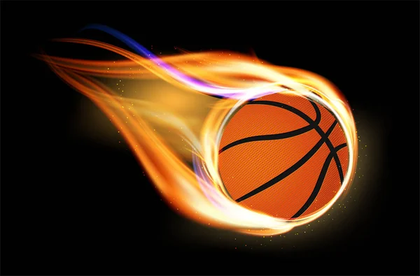 Balle Basket Volante Brûlante Sur Fond Noir Illustration Vectorielle — Image vectorielle