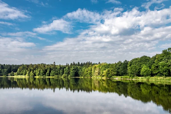 Paisaje Verano Con Lago Bosque Verde Bajo Cielo Azul Con —  Fotos de Stock