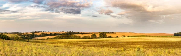 Панорамний Знімок Літній Ранок Сільській Місцевості Полями Під Дивовижні Небо — стокове фото