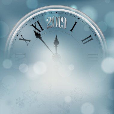Arka plan bulanık bokeh ve kar taneleri - kopya alanı ile mutlu yeni yıl kartı üzerindeki 2019 yeni yıl numarasıyla soyut eski saat parçası. Vektör çizim.