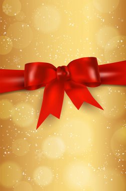 Altın arka plan kırmızı fiyonklu kar soyut ve bokeh daireler - kopya alanı metniniz için bulanık. Vektör çizim.