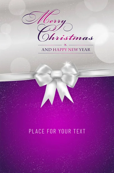 Feliz Natal Feliz Ano Novo Cartão Violeta Com Arco Prata — Vetor de Stock