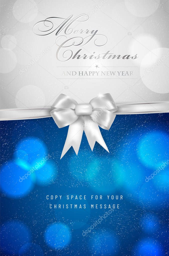 Merry Christmas and Happy New Year card with silver bow and shiny blurred bokeh circles - copy space for your text. Vector illustration.