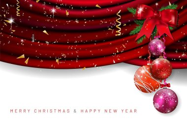 Noel kartı ile Noel topları çam çırpı ve metin için yer kırmızı kumaş zemin üzerine. Vektör çizim.