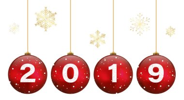 Set 2019 sayılarla - beyaz arka plan üzerinde izole parlak Noel topları asılı. Vektör çizim.