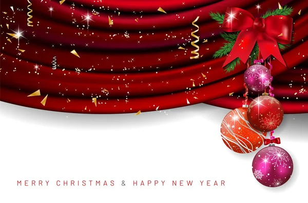 Weihnachtskarte Mit Weihnachtskugeln Auf Rotem Stoff Hintergrund Mit Fichtenzweigen Und — Stockvektor