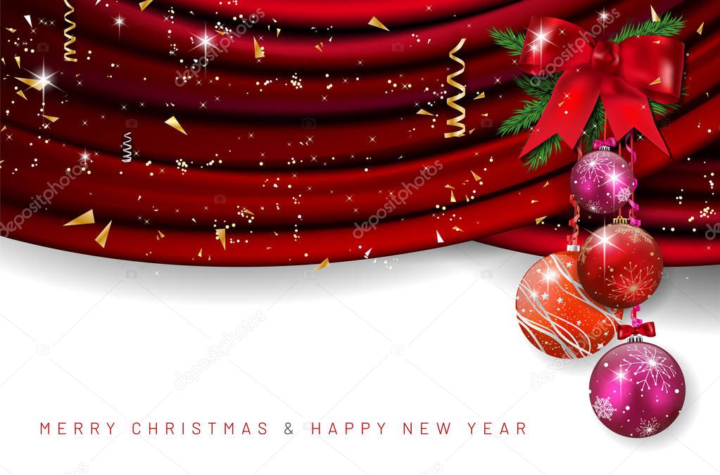 Christmas card with christmas balls on red fabric background with spruce twigs and place for your text. Vector illustration.