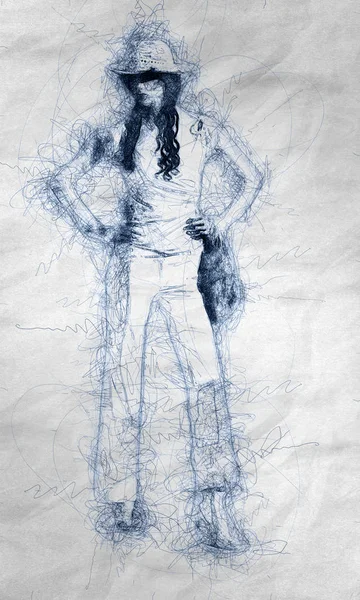 Illustratie Van Poseren Meisje Model Hand Getekende Stijl Verfrommeld Papier — Stockfoto