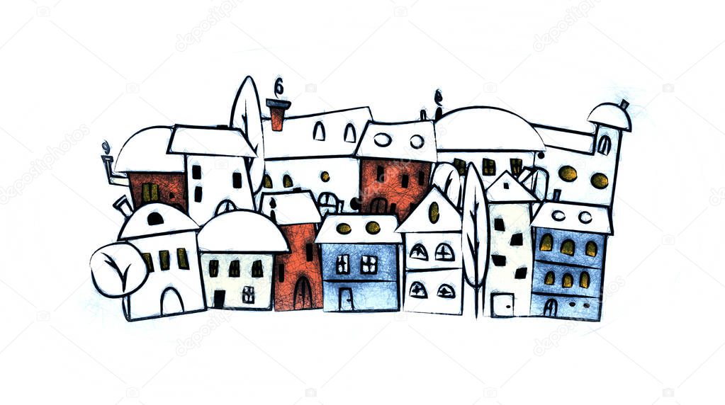 Illustration of abstract city in hand draw style - isolated on white background