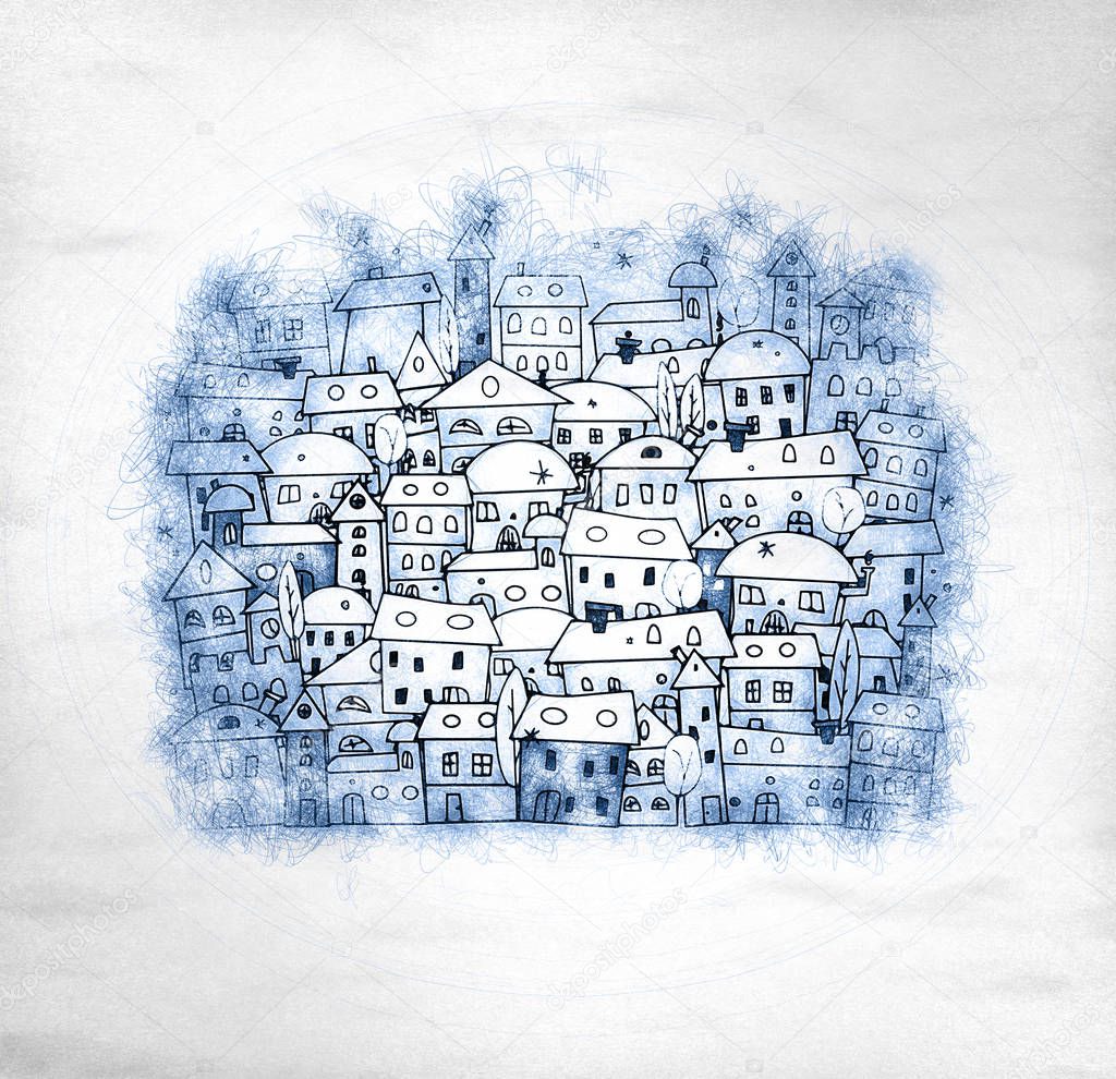 Cartoon of abstract winter village on crumpled paper - illustration