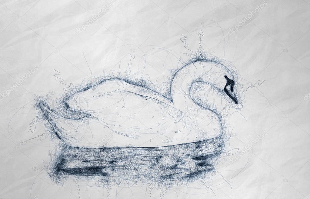 Illustration of swan on water in hand drawn style on crumpled paper