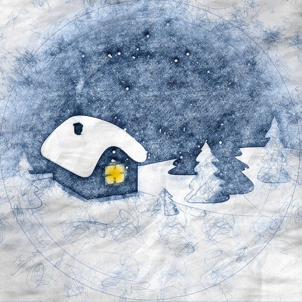 Abstract winter landscape with house, snow and forest - hand draw style illustration on crumpled paper