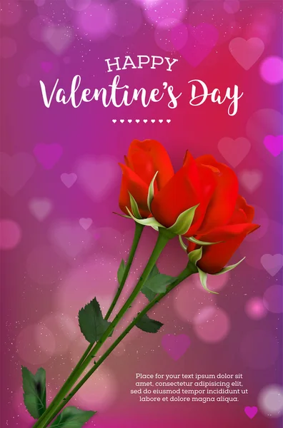 Tarjeta San Valentín Con Flores Rosas Abstractas Luces Bokeh Brillantes — Vector de stock