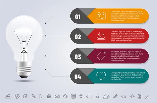 Modèle Infographie Avec Ampoule Jeu Icônes Cadres Avec Exemple Texte — Image vectorielle