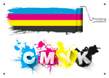 CMYK print design elements - paint roller, 3D letters, color splashes and print signs - isolated on white background. Vector illustration. clipart