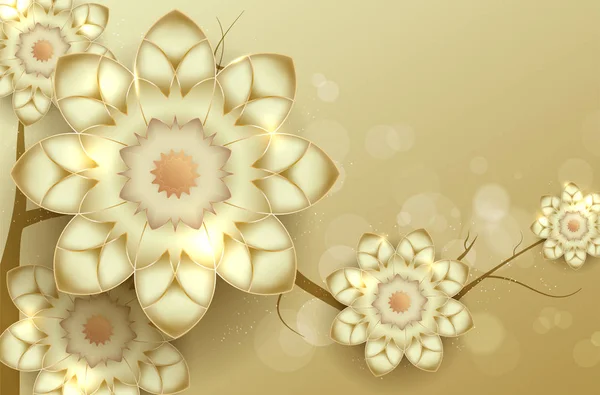 Branches Abstraites Aux Fleurs Dorées Brillantes Fond Doré Avec Bokeh — Image vectorielle