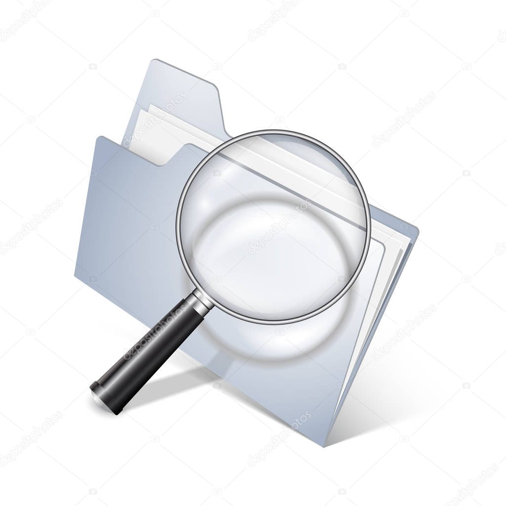 Magnifier and folder with papers - realistic search icon with shadows on white background. Illustration.