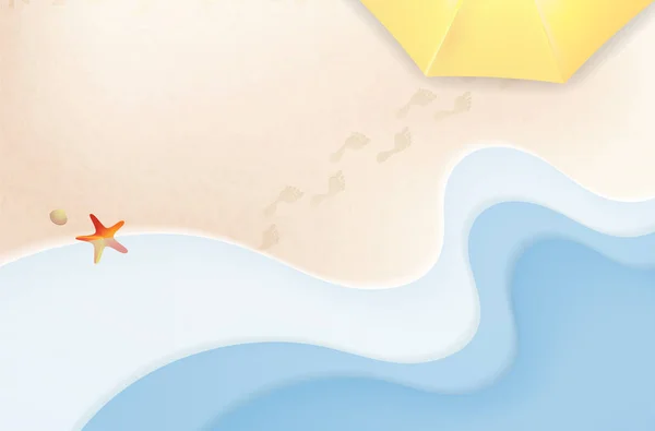 Abstract summer beach with sea waves, footprints in sand, shells and umbrella - vector illustration