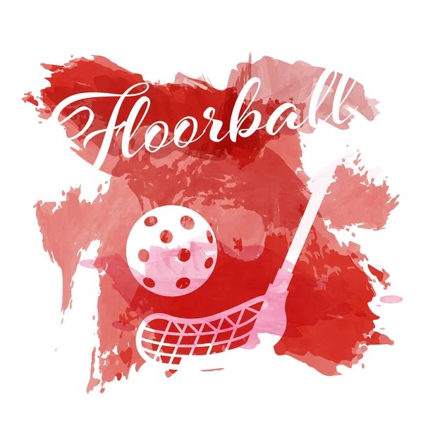 Abstrakcja akwarela czerwony plamy z silhou urządzenia floorball — Wektor stockowy