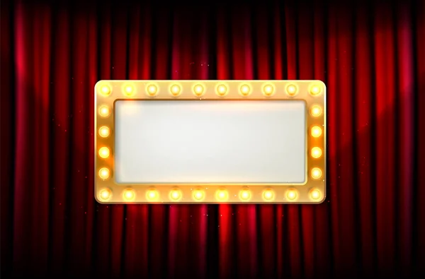 Leerer goldener Rahmen mit Glühbirnen auf rotem Vorhang — Stockvektor