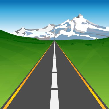 Ufukta karlı dağlara giden çayırlar arasındaki yol