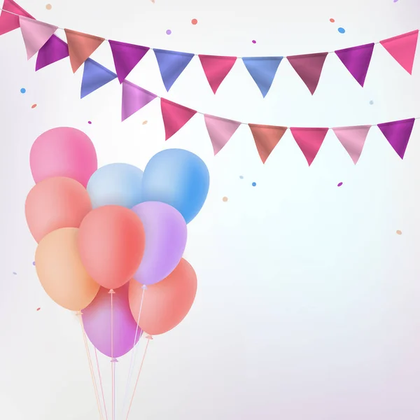 Kolorowe balony powietrzne, flagi i konfetti na jasnym tle — Wektor stockowy