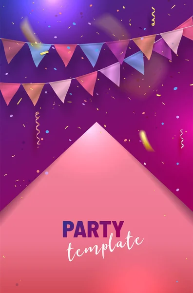 Template for party invitation with colorful flags and flying confetti