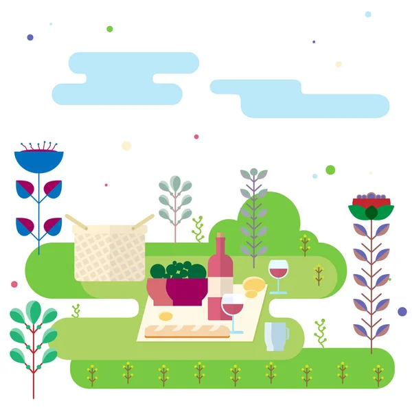 Natura morta astratta picnic all'aperto con cibo, bevande, piante e fiori — Vettoriale Stock