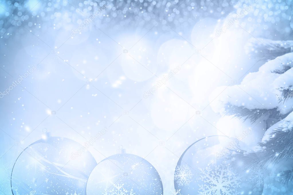 Blue abstract christmas background with christmas balls and copy space