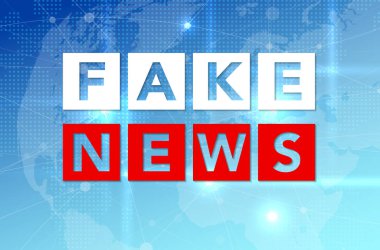 Mavi dünya haritası arkaplanı ve Sahte Haber Yazıtı - vektör illüstrasyonu