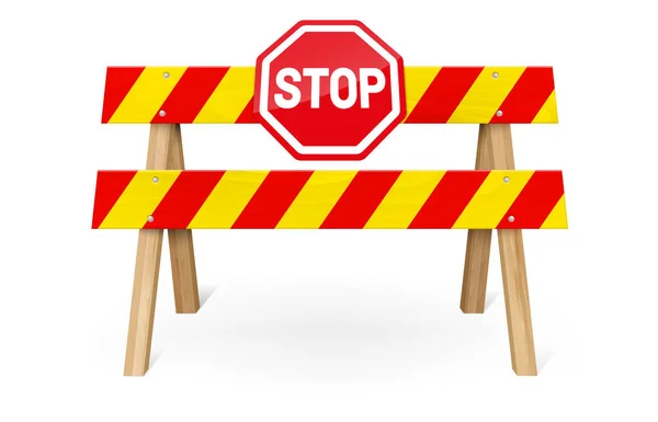 Wooden Stop Barrier Metal Sign Stop Inscription Isolated White Background — Stock Vector