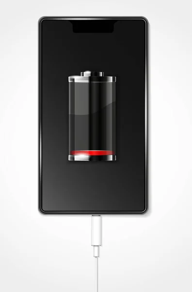 バッテリ充電シンボル 低エネルギー と白い背景の電源ケーブルを備えた抽象的な携帯電話 ベクトル図 — ストックベクタ