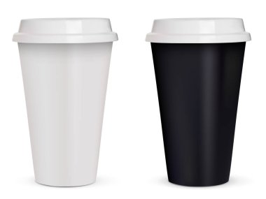 Plastik bardaklar için iki kahve kalıbı, beyaz ve siyah. Beyaz arka planda izole edilmiş. Vektör illüstrasyonu.
