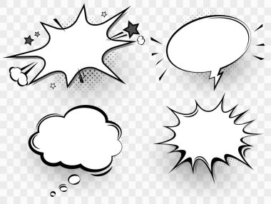 Saydam arkaplanda gölgeleri olan boş komedi konuşma baloncukları seti - metniniz için yer. Vektör illüstrasyonu.