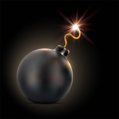 Round black bomb with lit fuse on dark background - vector illustration clipart