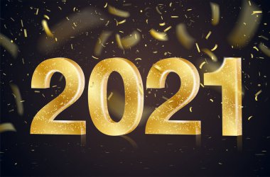 Altın 2021 rakamları ve konfeti ile mutlu yıllar kartı - vektör illüstrasyonu