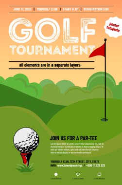 Golf turnuvası için poster şablonu. Golf topu, kırmızı bayrak, yeşil çimen, çalılar ve metin için kopyalama alanı. Vektör illüstrasyonu.