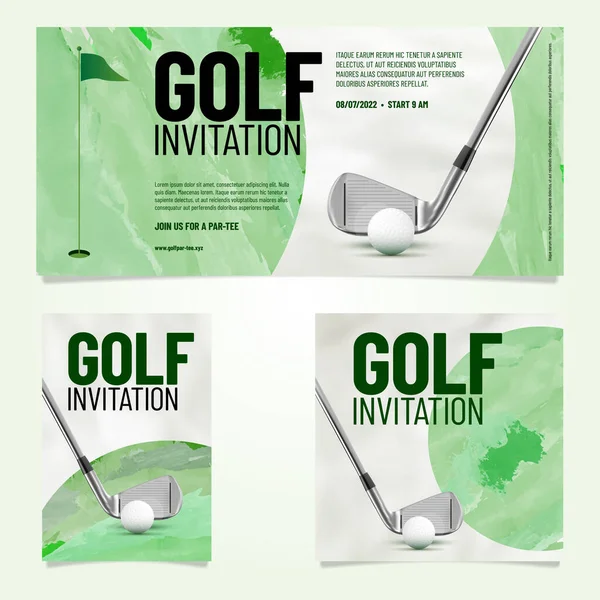 Tre Golf Inbjudan Akvarell Mall Olika Orientering Med Prov Text — Stock vektor