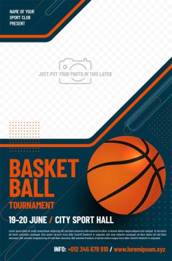 Basketbol turnuvası poster şablonu top, grafik elementler ve fotoğrafın için yer. Tüm bölümler ayrı ve isimlendirilmiş. Vektör illüstrasyonu.