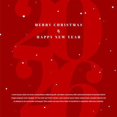 Noel ve 2026 yılbaşı için tebrik kartı. Kırmızı zemin üzerinde 2026 yazı ve kar taneleri olan mutlu yeni yıl grafikleri - vektör illüstrasyonu.