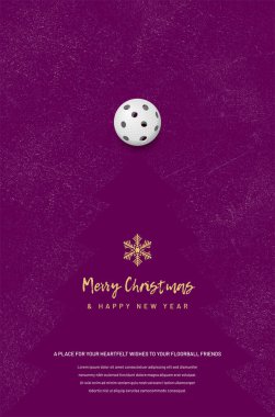 Festivalsel Floorball kartı, geleneksel tatil unsurlarını sporla birleştirerek, tatillerde Floorball hayranları için mükemmel olan bir Noel temalı menekşe içeriyor. Vektör illüstrasyonu.