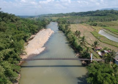 Nehir, köprü, pirinç tarlası, köyde yaşamak için rahatlatıcı bir manzara.