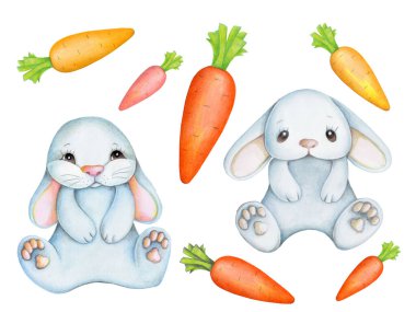 Sevimli çizgi film tavşanı tavşan tavşan. Bebekler ve çocuklar için suluboya el çizimi. Beyaz arkaplanda izole.