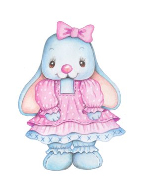 Sevimli çizgi film tavşanı tavşan tavşan. Bebekler ve çocuklar için suluboya el çizimi. Beyaz arkaplanda izole.