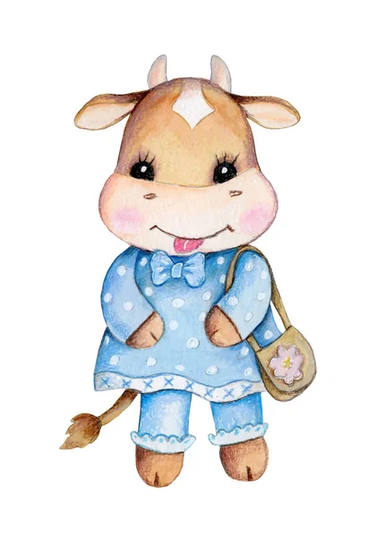 Lindo Becerro Dibujos Animados Chica Vaca Vestido Azul Acuarela Ilustración — Foto de Stock