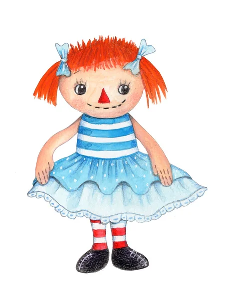 Bella Bambola Pezza Raggedy Ann Acquerello Disegnato Mano Illustrazione Carino — Foto Stock