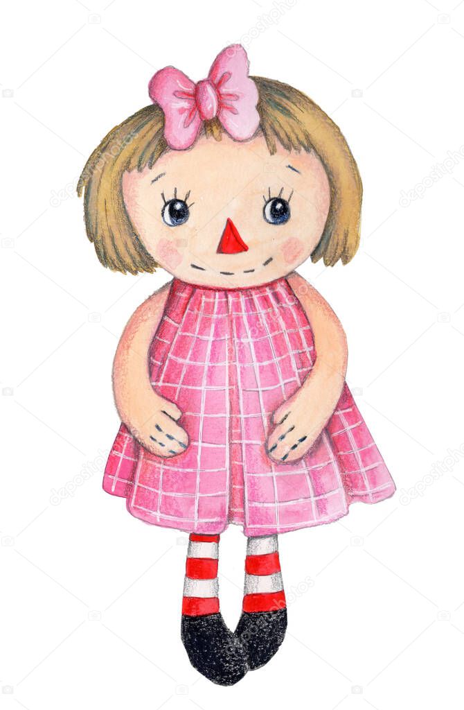 Cute rag doll. Raggedy Ann in pink dress. Watercolor hand drawn illustration of cute  cartoon toy doll. Isolated on white.